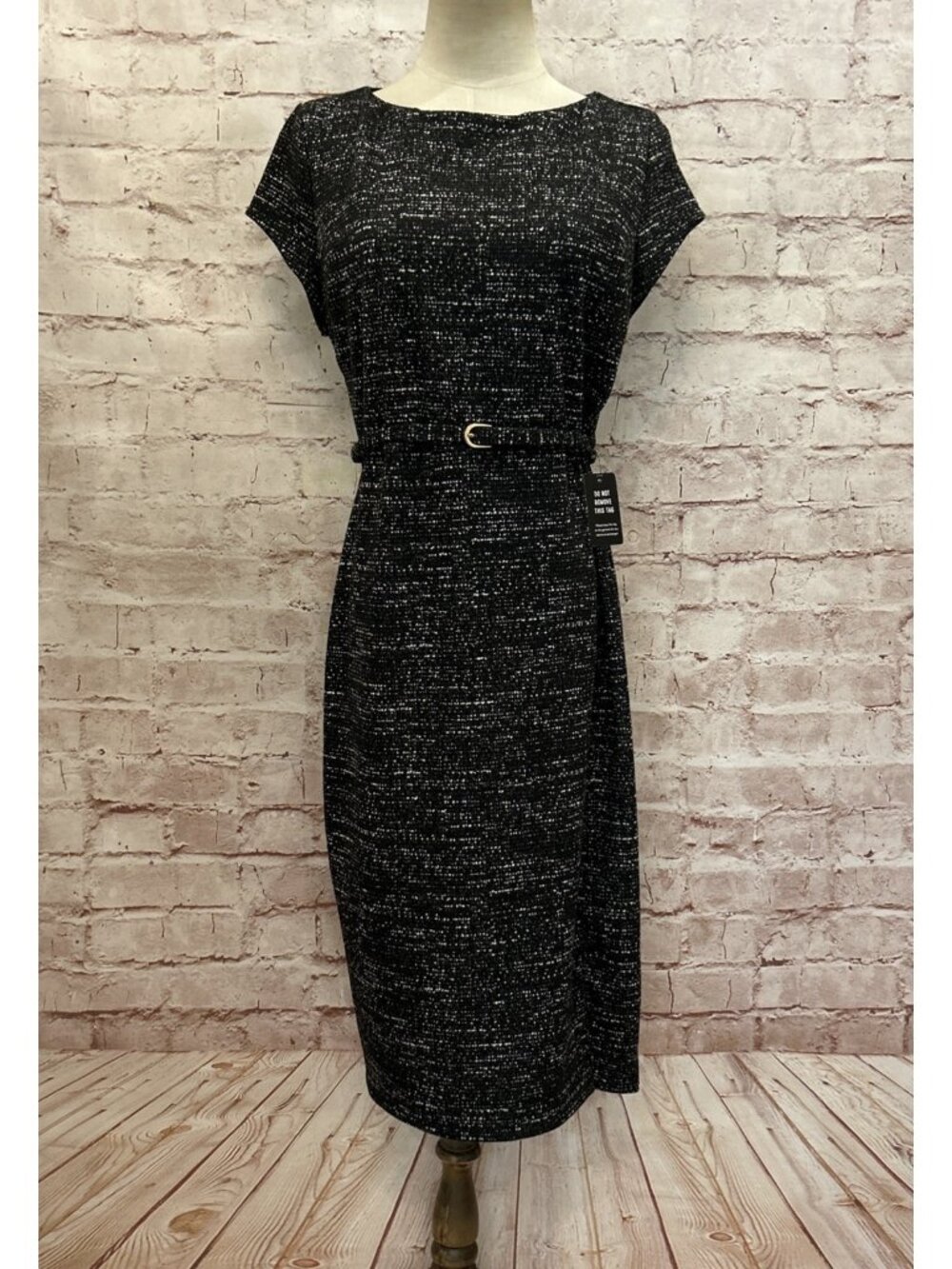 Express Belted Sheath Midi Dress Cap Sleeve Tweed Black White Size Small NEW